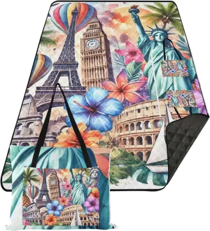 CHIFIGNO Colorful Travel Landmark Art Sand Proof Beach Blanket Waterproof, Floral Grass Mats for Camping Cute Picnic Essentials Foldable, 80" x 60"