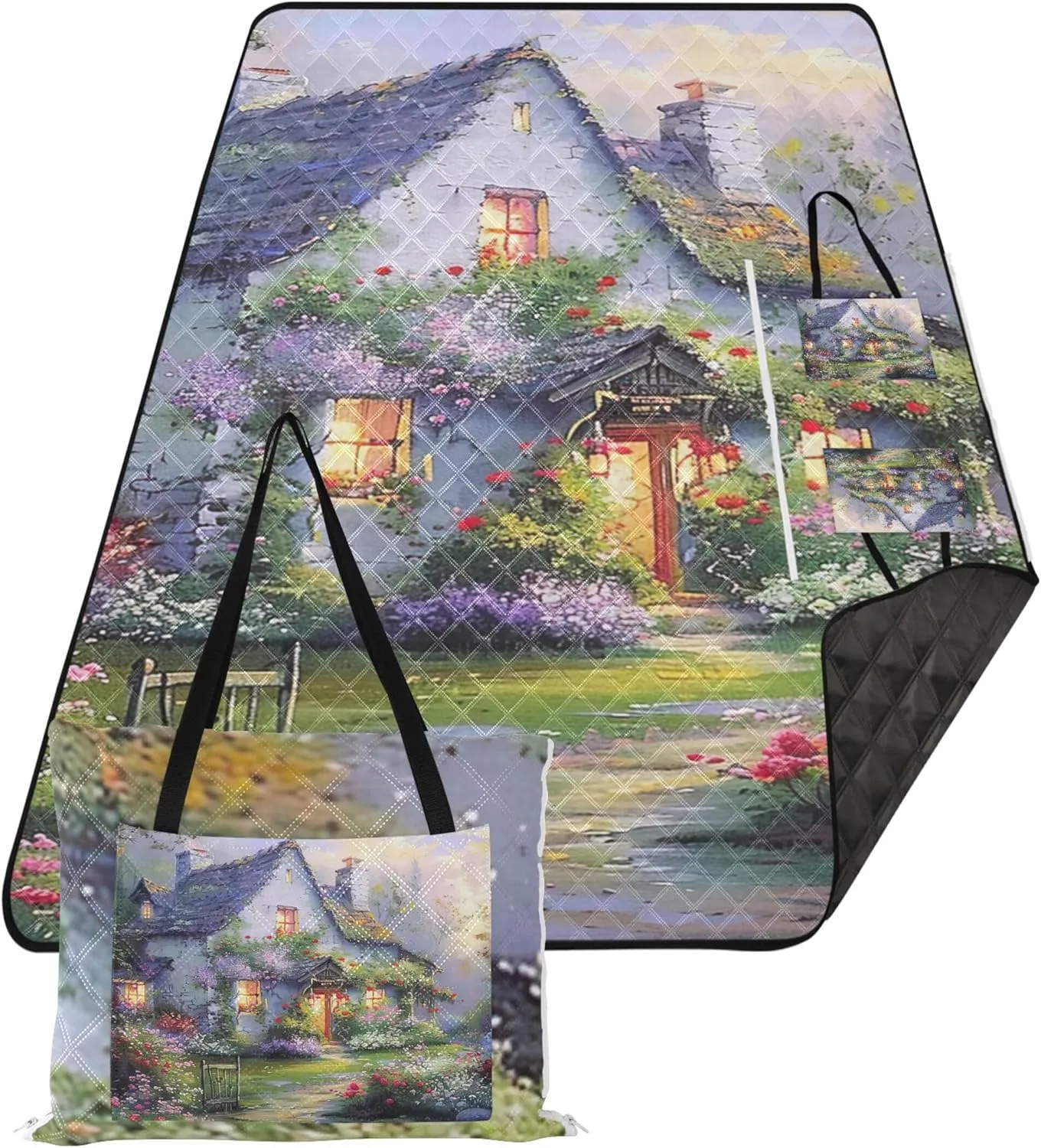 CHIFIGNO Cottage Painting Flowers Beach Mat Waterproof Sandproof Lawn Blanket for Grass Mat Cute Picnic Blanket Mat Foldable 80" x 60"