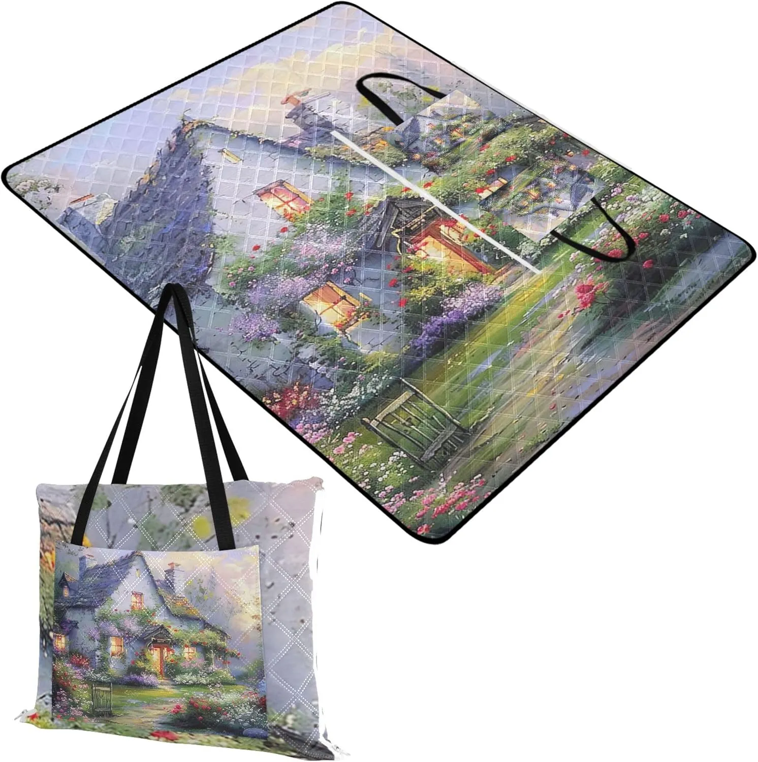 CHIFIGNO Cottage Painting Flowers Beach Mat Waterproof Sandproof Lawn Blanket for Grass Mat Cute Picnic Blanket Mat Foldable 80" x 60"