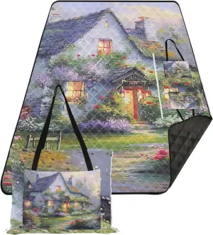 CHIFIGNO Cottage Painting Flowers Beach Mat Waterproof Sandproof Lawn Blanket for Grass Mat Cute Picnic Blanket Mat Foldable 80" x 60"