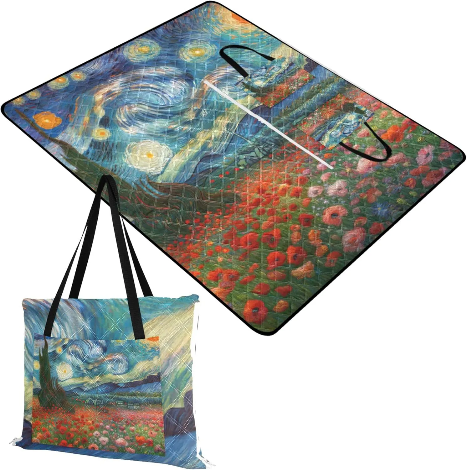 CHIFIGNO Poppies Blossom Starry Night Cute Picnic Essentials Foldable Waterproof Beach Blanket Sand Proof Grass Blanket Camping Mat 80" x 60"