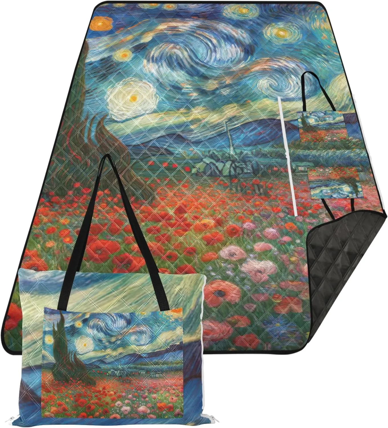 CHIFIGNO Poppies Blossom Starry Night Cute Picnic Essentials Foldable Waterproof Beach Blanket Sand Proof Grass Blanket Camping Mat 80" x 60"