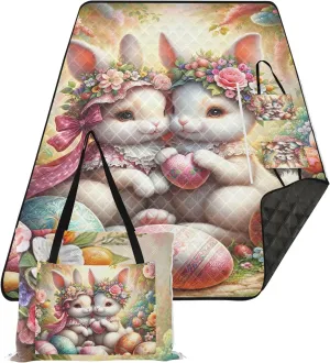 CHIFIGNO Romantic Floral Bunnies Easter Sand Free Beach Blanket Waterproof, Grass Blanket Camping Mat Cute Picnic Blanket Mat Foldable, 80" x 60"