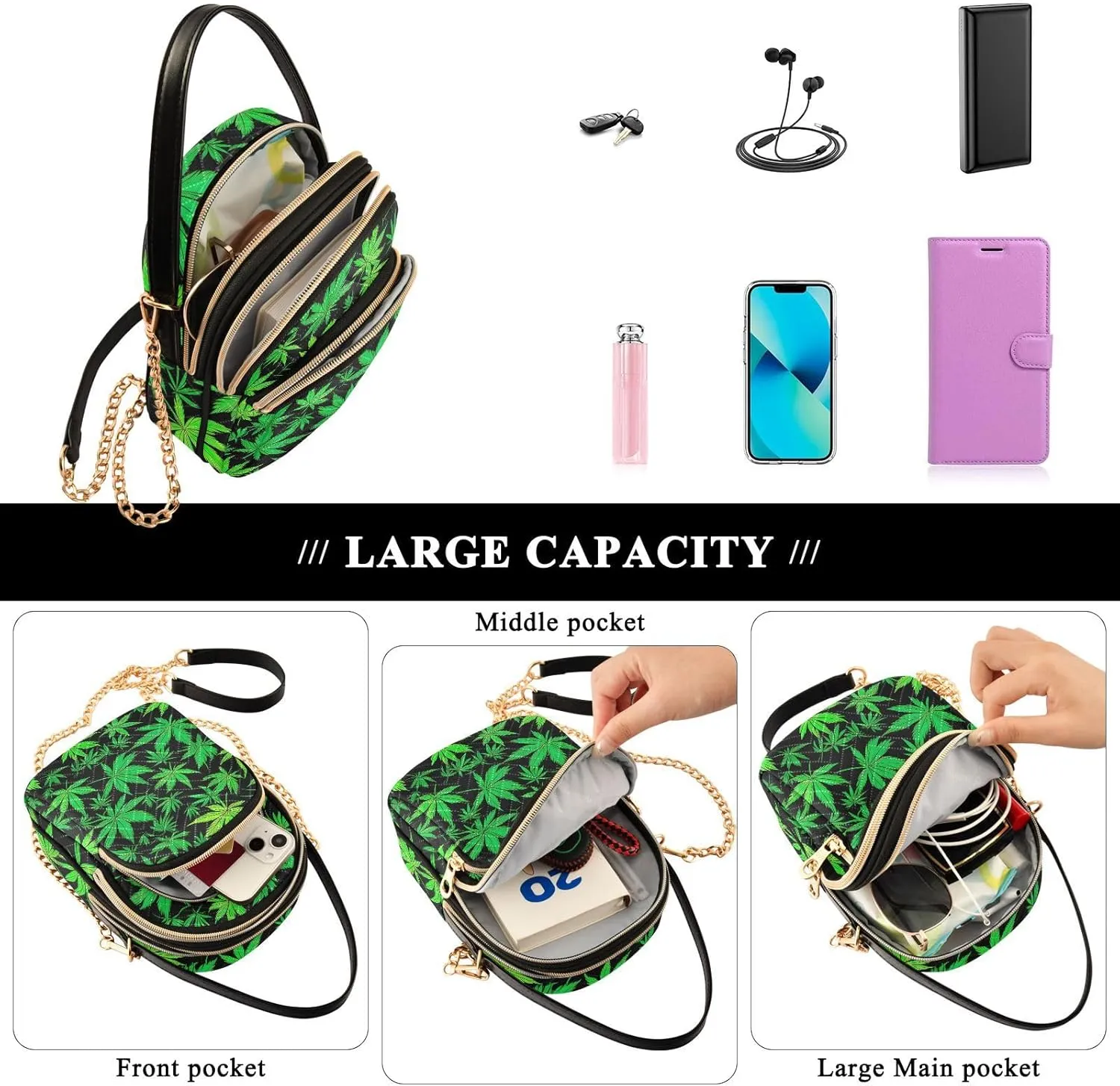 Chinese Chrysanthemum Floral Triple Zip Crossbody Bag, Shoulder Handbag, Crossbody Handbags for Woman