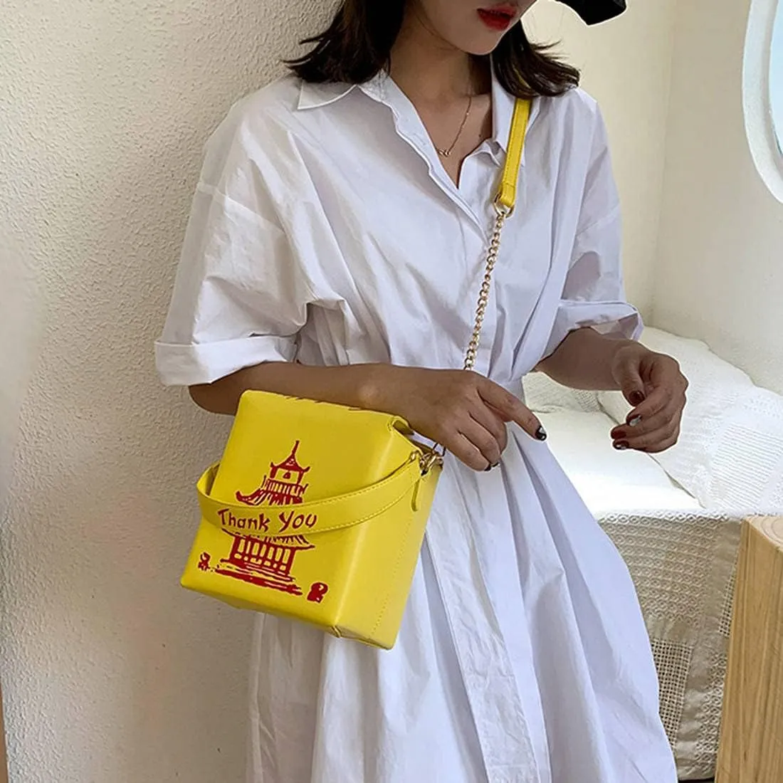 Chinese Takeout Box Style Shoulder Bag PU Leather Crossbody Bags for Women