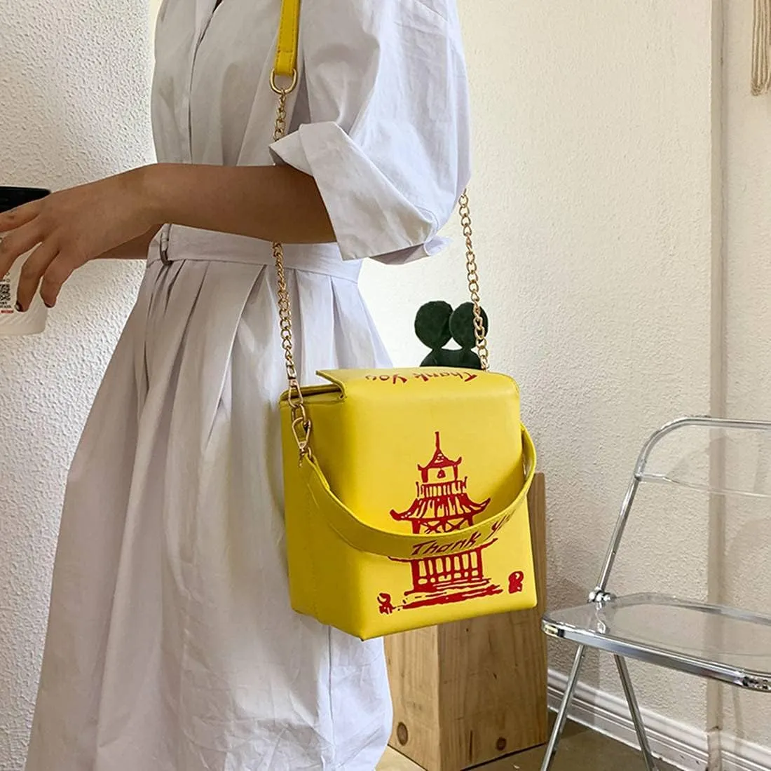 Chinese Takeout Box Style Shoulder Bag PU Leather Crossbody Bags for Women