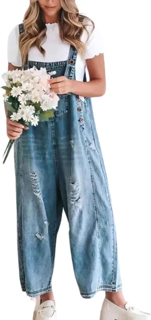 chouyatou Women Loose Adjustable Strap Denim Bib Overall Jeans Distressed Wide Leg Baggy Overalls Jumpsuit