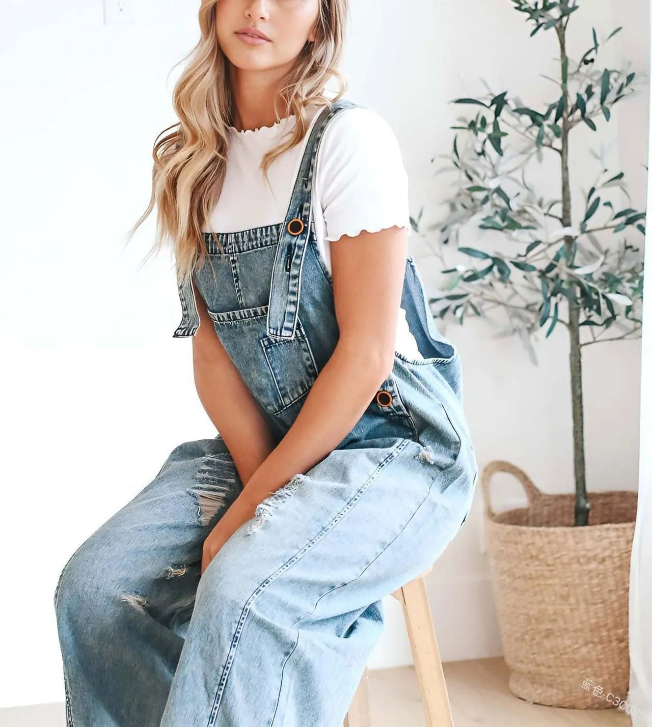 chouyatou Women Loose Adjustable Strap Denim Bib Overall Jeans Distressed Wide Leg Baggy Overalls Jumpsuit