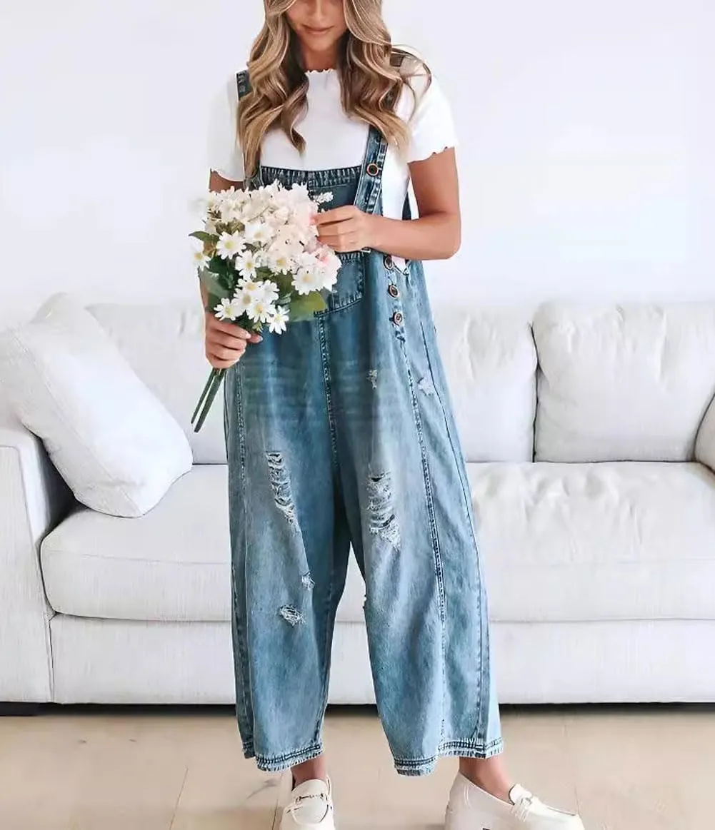 chouyatou Women Loose Adjustable Strap Denim Bib Overall Jeans Distressed Wide Leg Baggy Overalls Jumpsuit