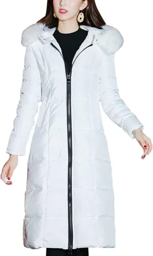 chouyatou Women's Winter Windproof Padded Long Down Alternative Coat Faux Fur Hood