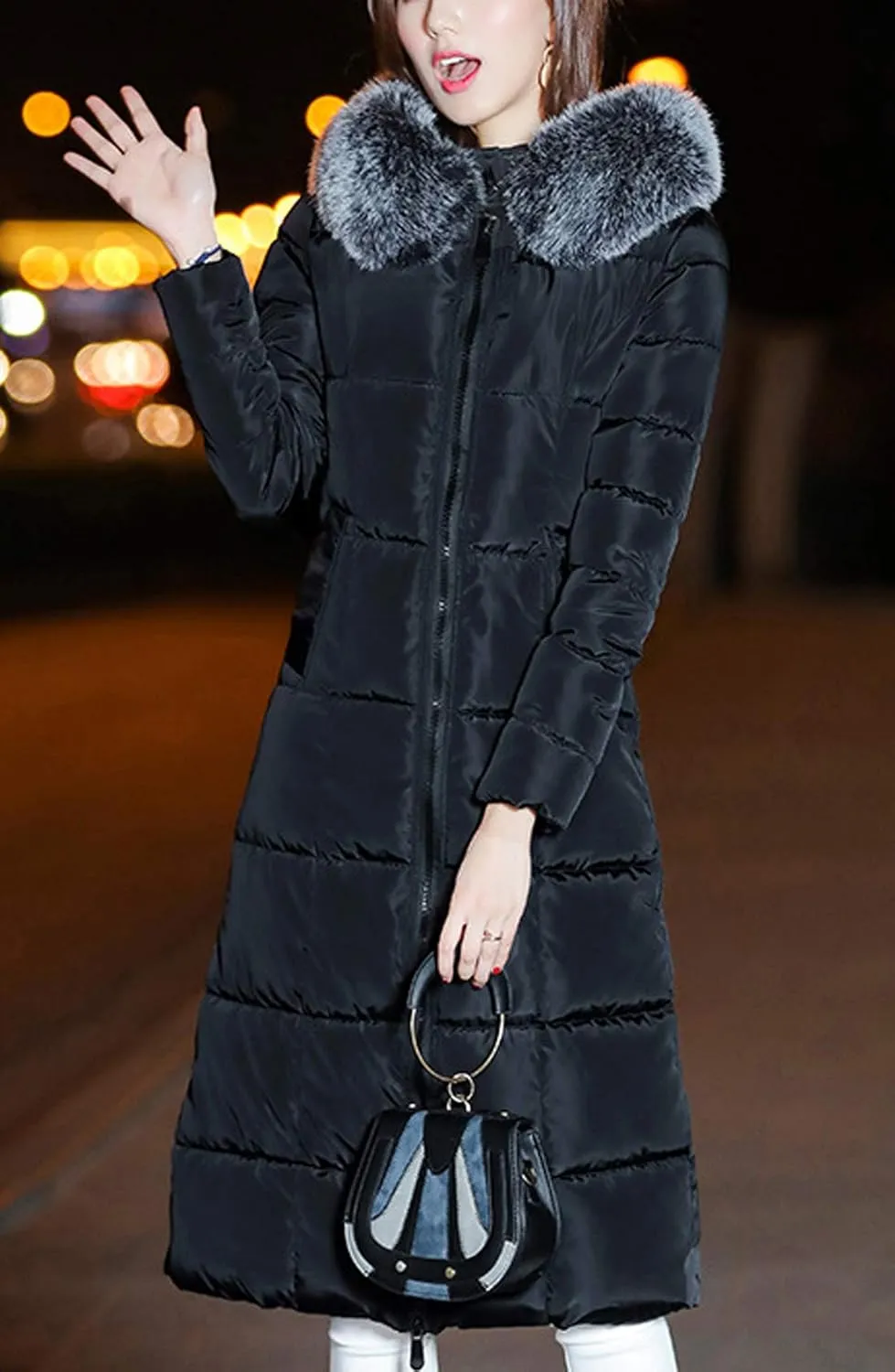 chouyatou Women's Winter Windproof Padded Long Down Alternative Coat Faux Fur Hood