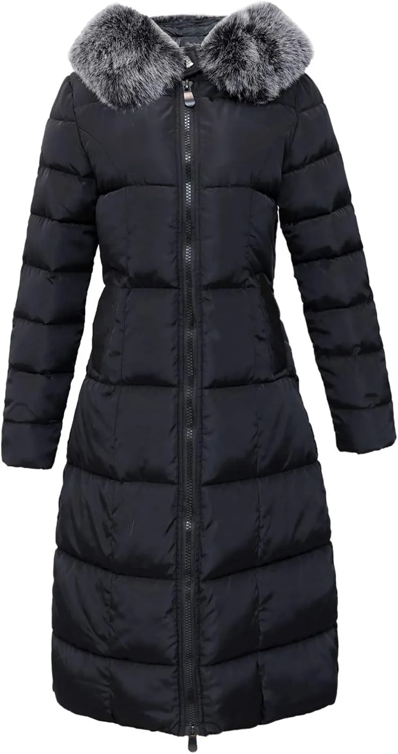 chouyatou Women's Winter Windproof Padded Long Down Alternative Coat Faux Fur Hood