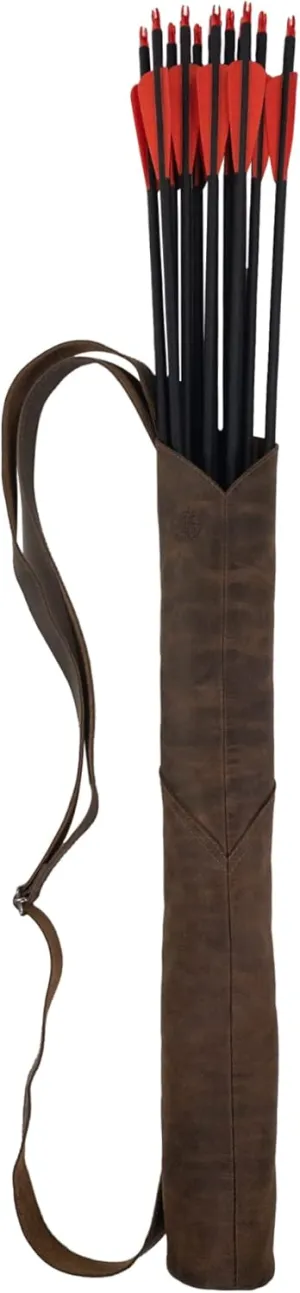 Classic Archery Back Quiver with Adjustable Shoulder Strap, Rustic Bag for Arrows, Shooting and Training Accessory, Full Grain Leather, Handmade, Bourbon Brown