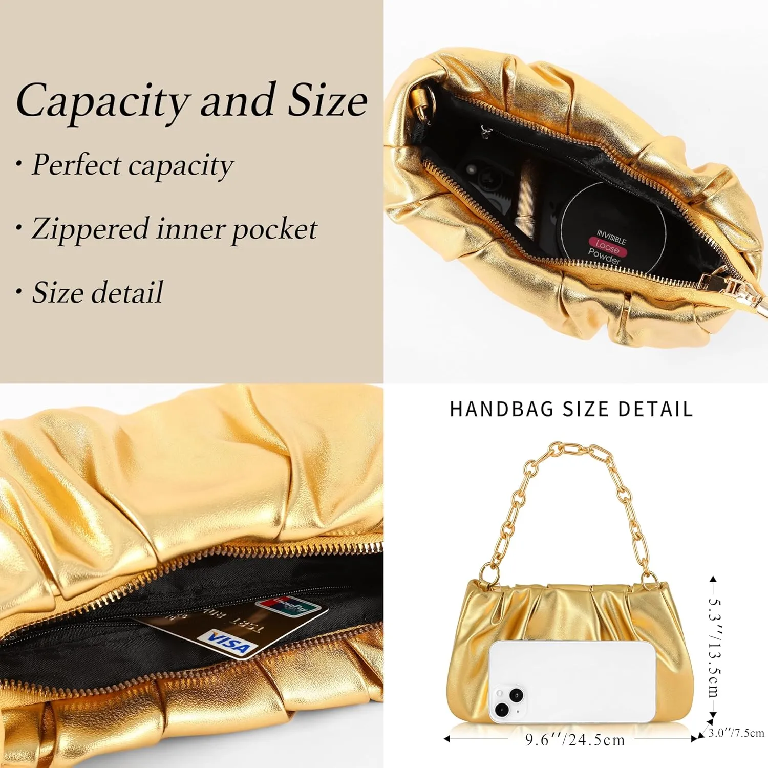 Clutch Purse for Women - Evening Small Shoulder Bag Anti Theft Removable Chain Adjustable Strap PU Handbag