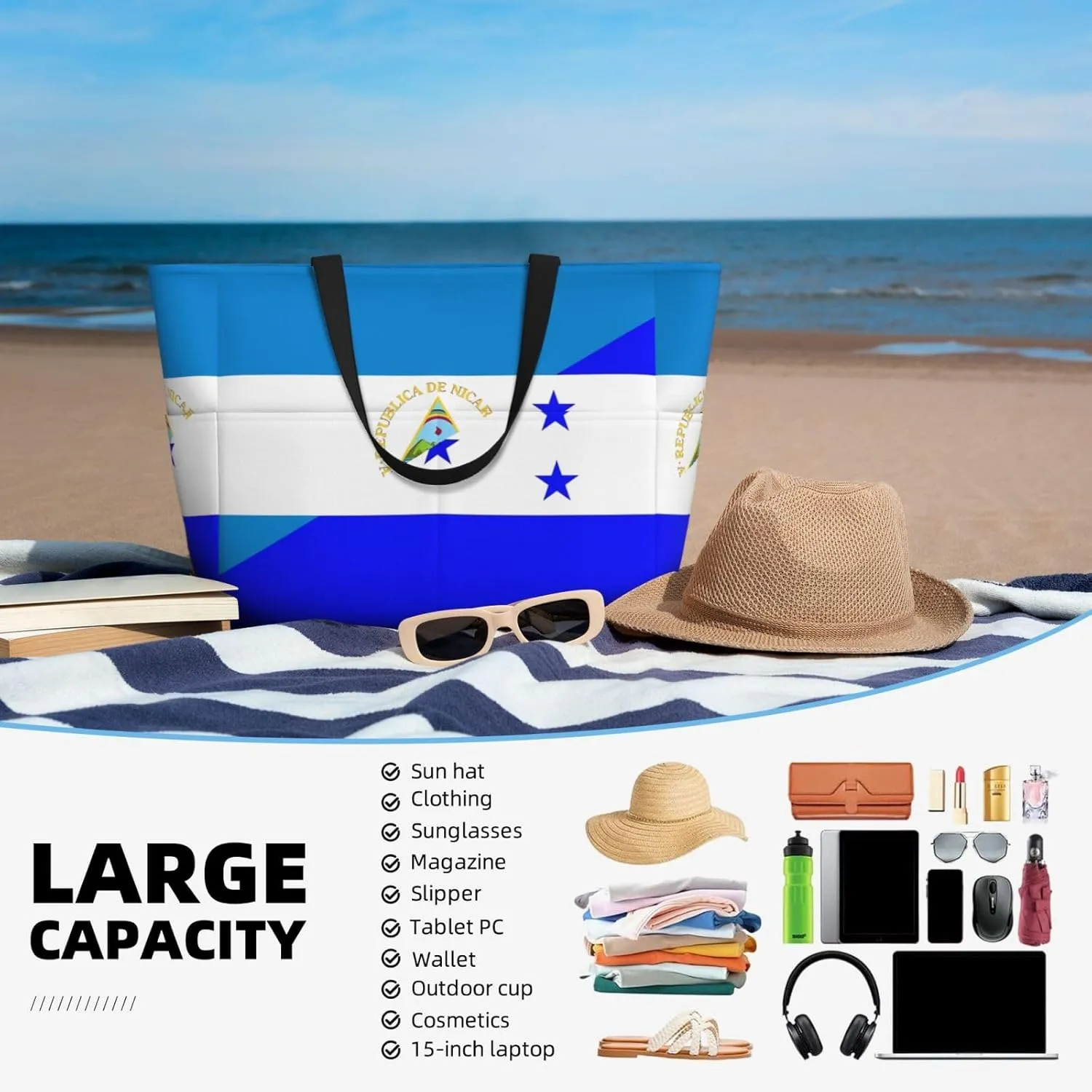 Coat Of Arms Of Nicaragua Tote Bag With 8 Storage Pockets Top Zip Shoulder Bag Handbag For Travel Work Women