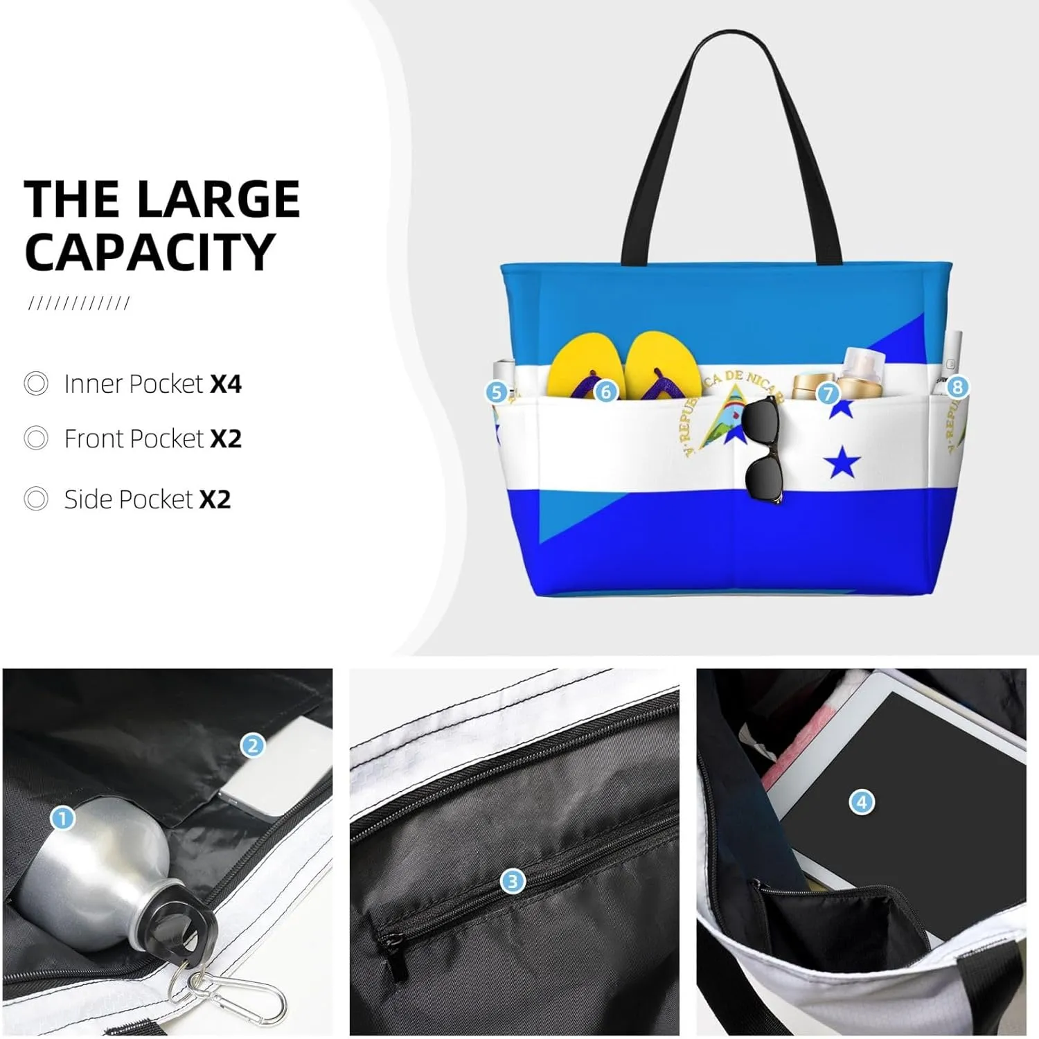 Coat Of Arms Of Nicaragua Tote Bag With 8 Storage Pockets Top Zip Shoulder Bag Handbag For Travel Work Women