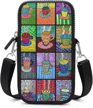 Coffee Cups Tempera Paint Small Cell Phone Purse Crossbody Waterproof Mini Bag Wallet with Adjustable Strap