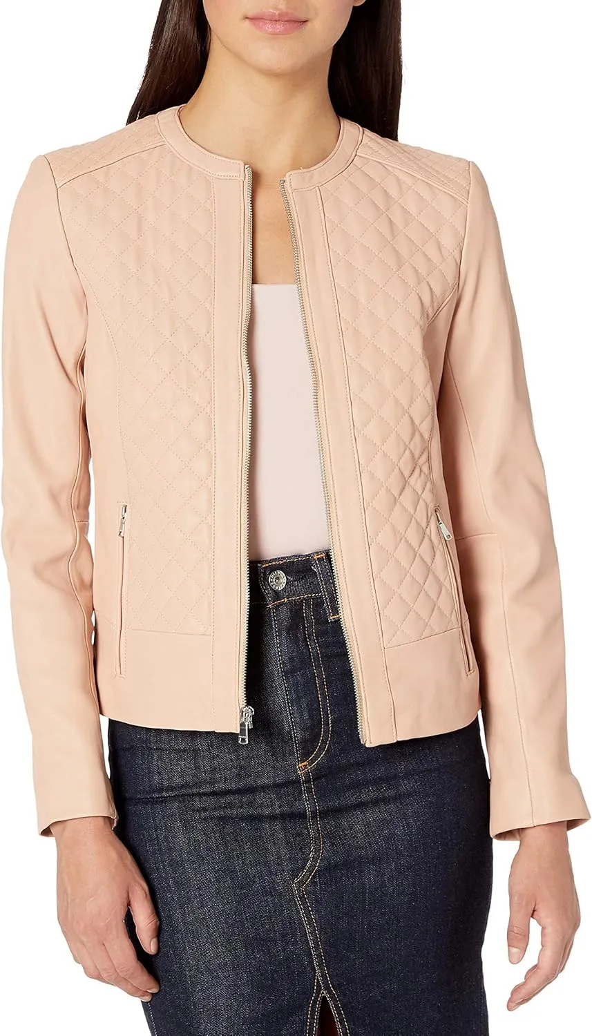 Cole Haan Women's Jewel Neck Quilted Leather Jacket