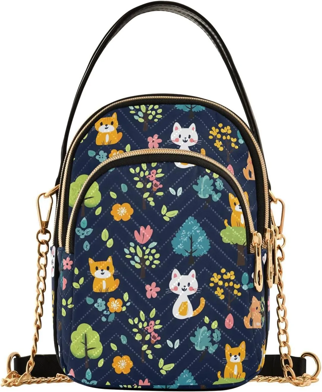 Colorful Cat Forest Shoulder Handbag for Girls Stylish Crossbody Handbags with Detachable Chain Shoulder Strap