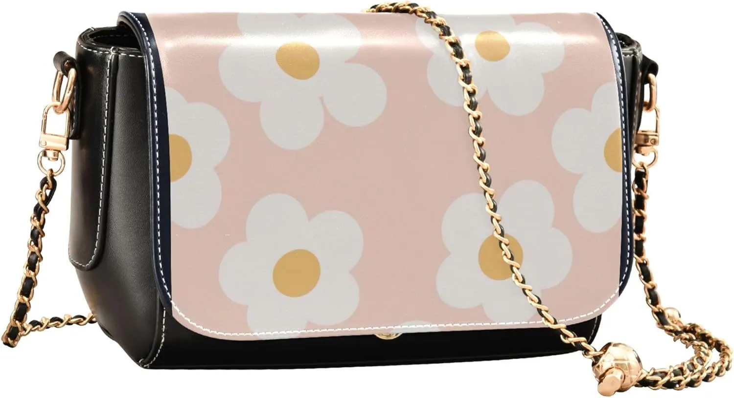 Colorful Flower Vivid Print Crossbody Purses for Women Black Shoulder Leather Bags Wallet Handbags with Chain Strap