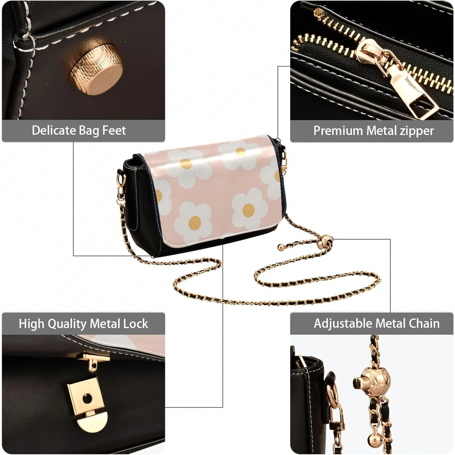 Colorful Flower Vivid Print Crossbody Purses for Women Black Shoulder Leather Bags Wallet Handbags with Chain Strap