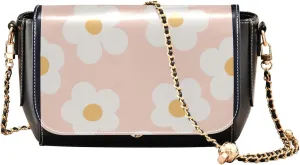 Colorful Flower Vivid Print Crossbody Purses for Women Black Shoulder Leather Bags Wallet Handbags with Chain Strap