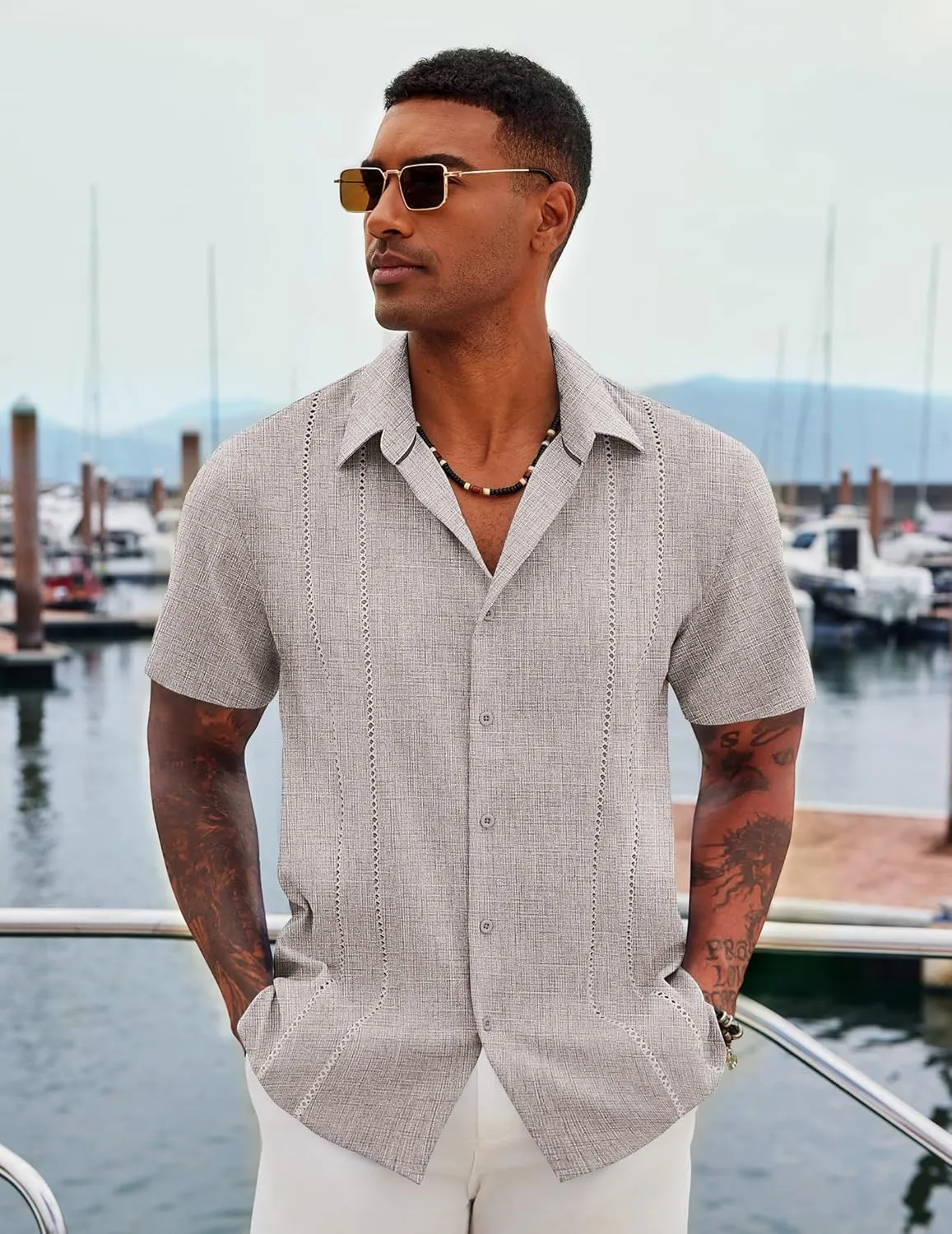 COOFANDY Men's Cuban Guayabera Shirt Casual Short Sleeve Button Down Shirts Summer Beach Shirts