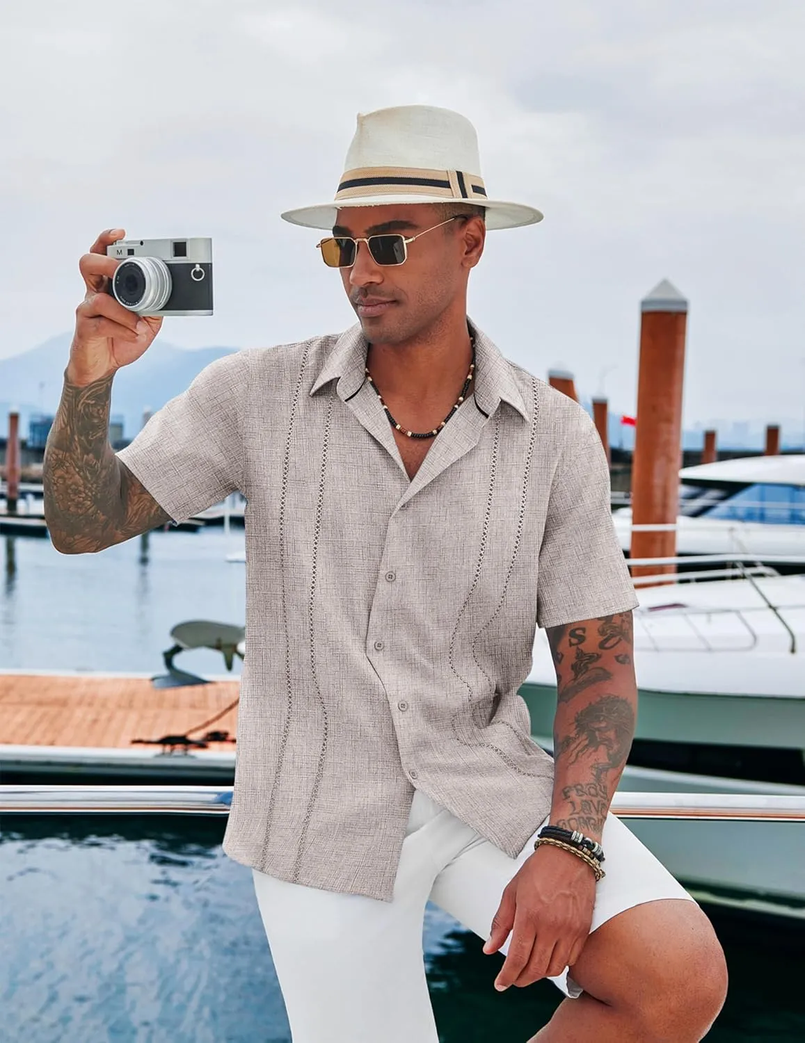 COOFANDY Men's Cuban Guayabera Shirt Casual Short Sleeve Button Down Shirts Summer Beach Shirts
