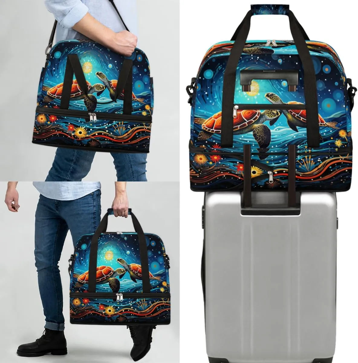 Cool Galaxy Turtle Foldable Travel Duffel Bag Overnight Weekender Bag with Shoes Compartment Sports Gym Bag for Men Women