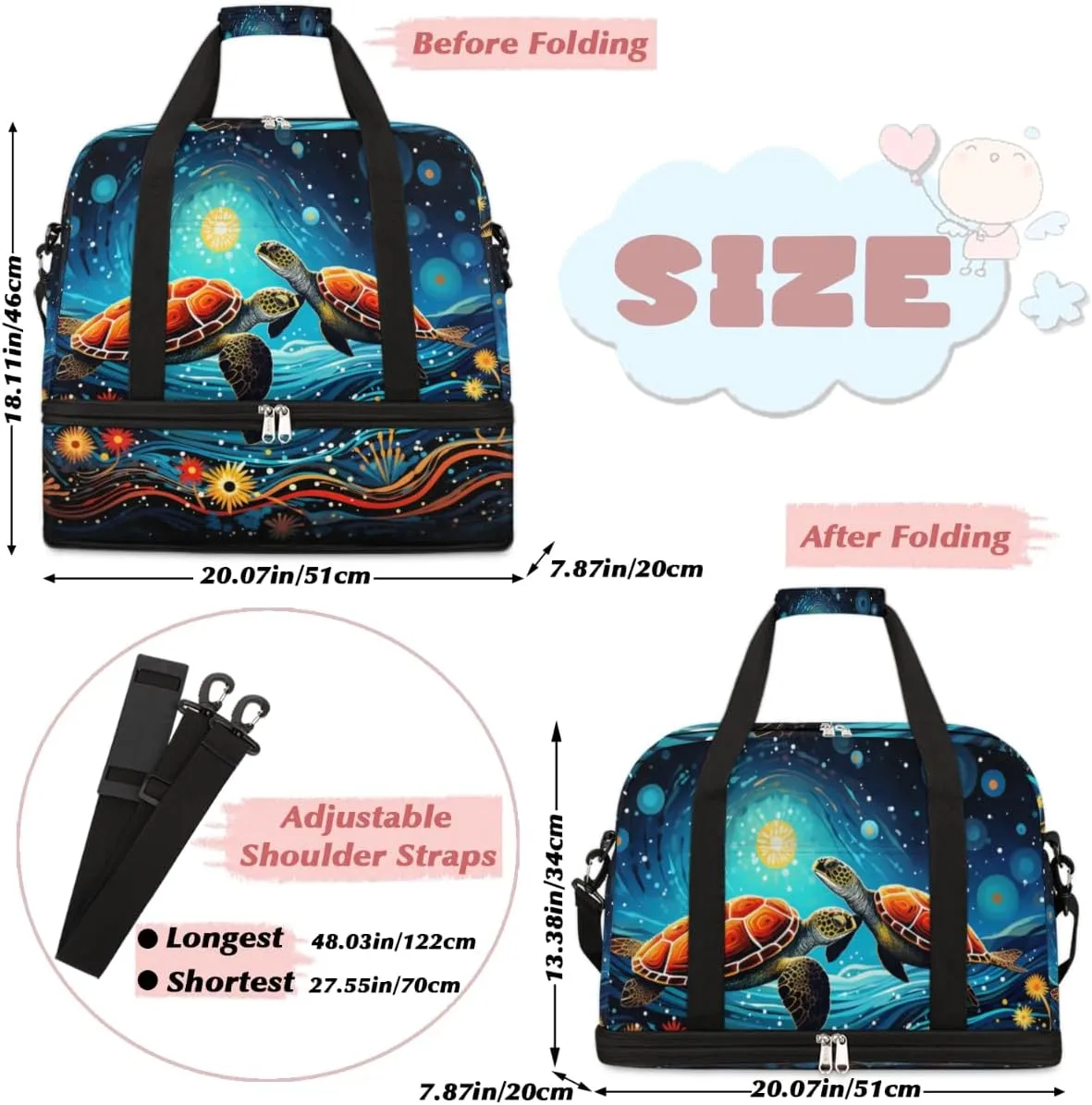Cool Galaxy Turtle Foldable Travel Duffel Bag Overnight Weekender Bag with Shoes Compartment Sports Gym Bag for Men Women