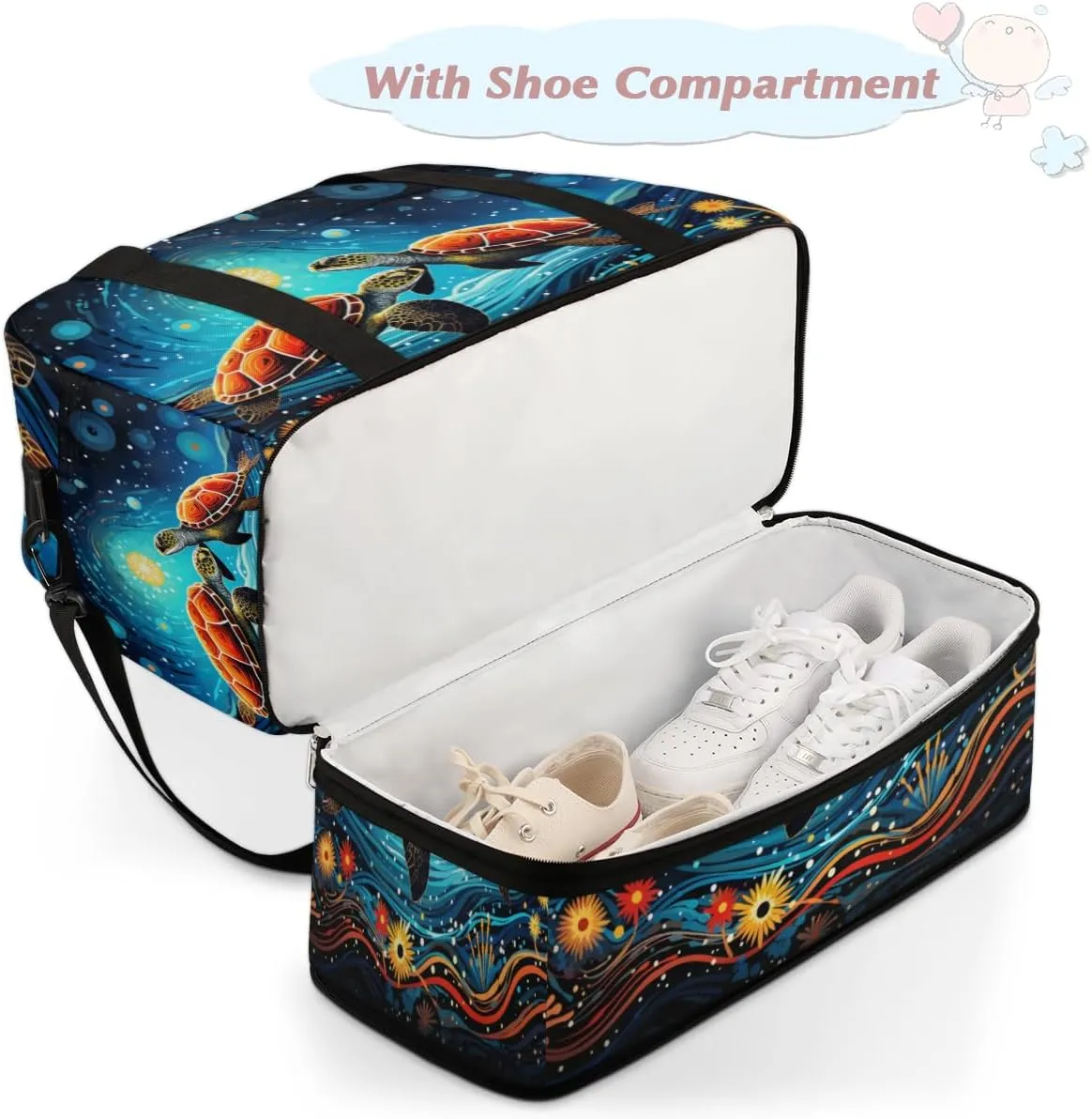 Cool Galaxy Turtle Foldable Travel Duffel Bag Overnight Weekender Bag with Shoes Compartment Sports Gym Bag for Men Women