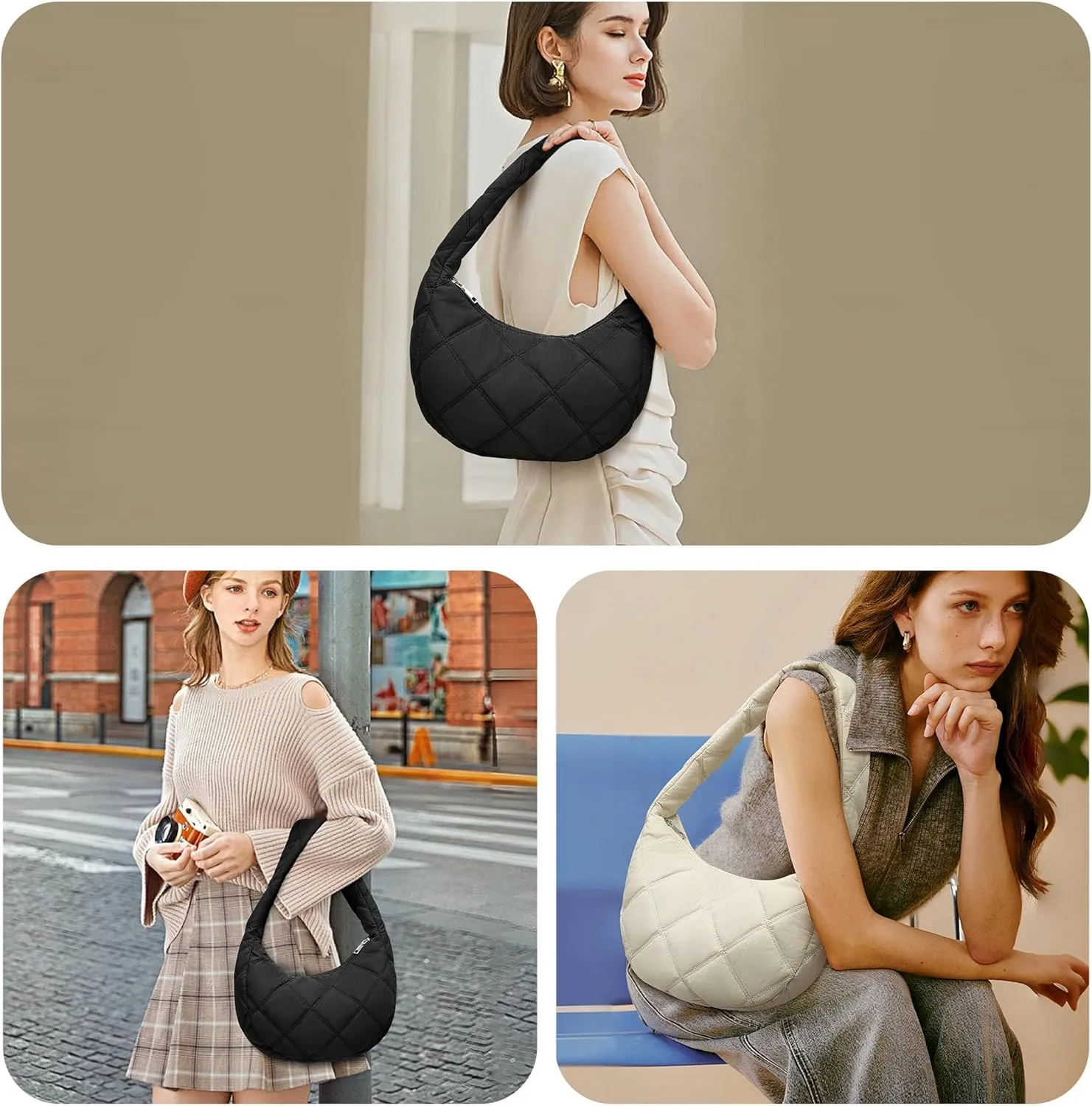 CORALDAISY Women's Handbags and Purses,Small Puffer Crescent Shoulder Bag Sling Bag for Women,Puffy Handbags