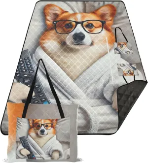 Corgi Dog Funny Sand Proof Beach Blanket Waterproof Cute Picnic Blanket Foldable Packable Camping Blanket 80" x 60"