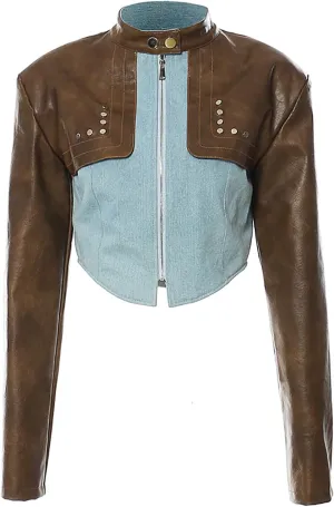 CORIRESHA Women's Cropped Faux Leather Stand Collar Long Sleeves Zip Vintage Color Block Coat
