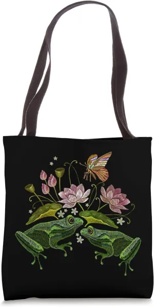 Cottagecore embroidery frogs butterfly and lotus flowers Tote Bag