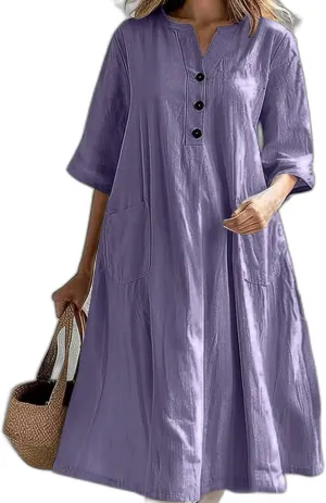 Cotton Linen Dress for Women, Neck Button Oversize A-line Swing Hem Casual Summer Short Sleeve Mid Length Dress