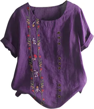 Cotton Linen Tops for Women Casual Loose Fit Plus Size Roll Up Short Sleeve T Shirt Summer Embroidered Floral Blouse