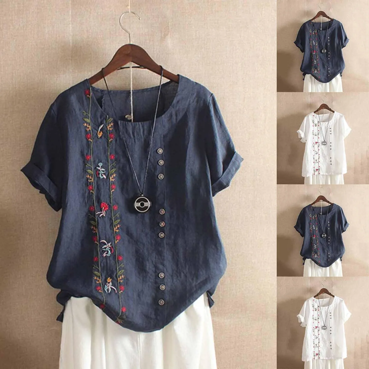 Cotton Linen Tops for Women Casual Loose Fit Plus Size Roll Up Short Sleeve T Shirt Summer Embroidered Floral Blouse
