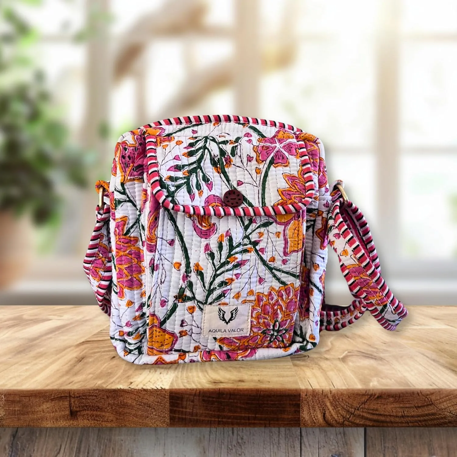 Cotton Quilted Handblock Printed Lightweight Crossbody Purse Adjustabe Shoulder Strap