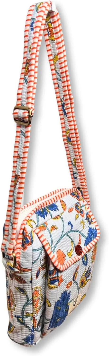 Cotton Quilted Handblock Printed Lightweight Crossbody Purse Adjustabe Shoulder Strap