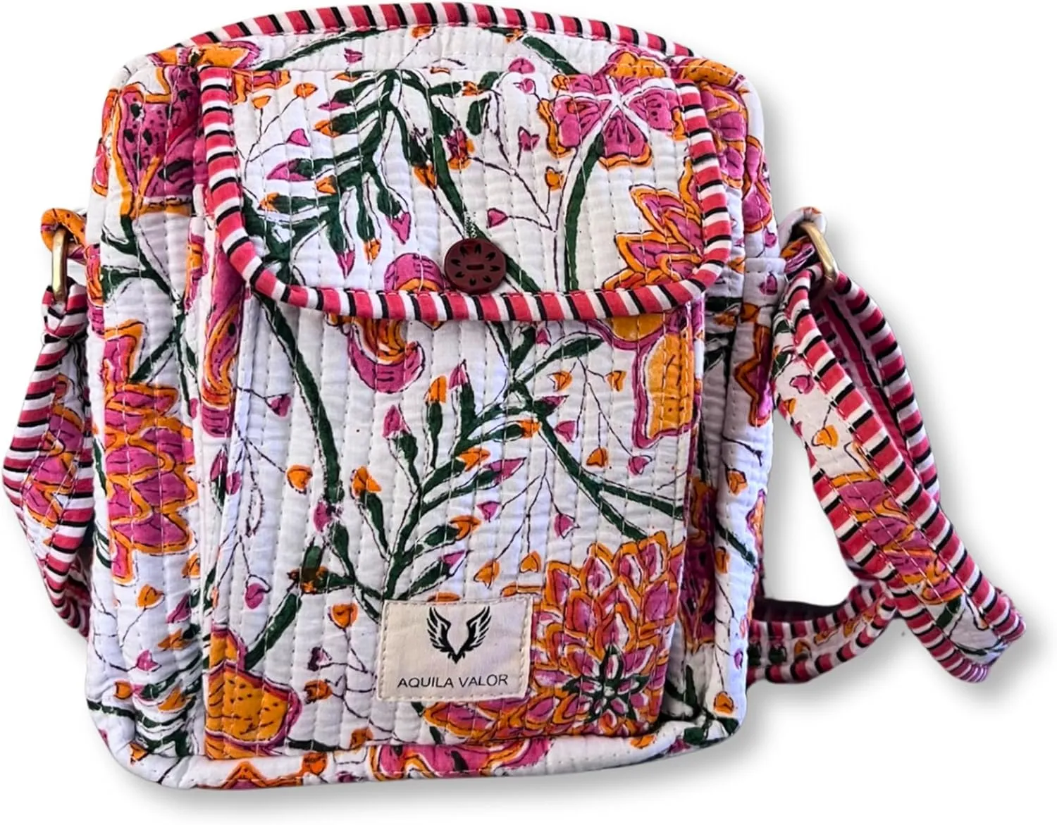 Cotton Quilted Handblock Printed Lightweight Crossbody Purse Adjustabe Shoulder Strap
