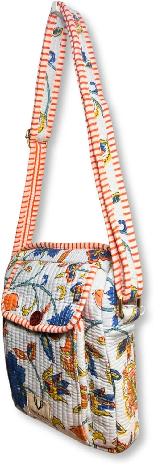 Cotton Quilted Handblock Printed Lightweight Crossbody Purse Adjustabe Shoulder Strap
