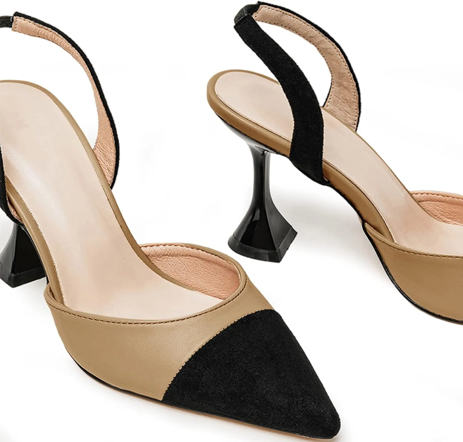 Coutgo Women's Slingback Pumps Pointed Toe Slip On Stiletto Heels Patchwork Dress Party Shoes
