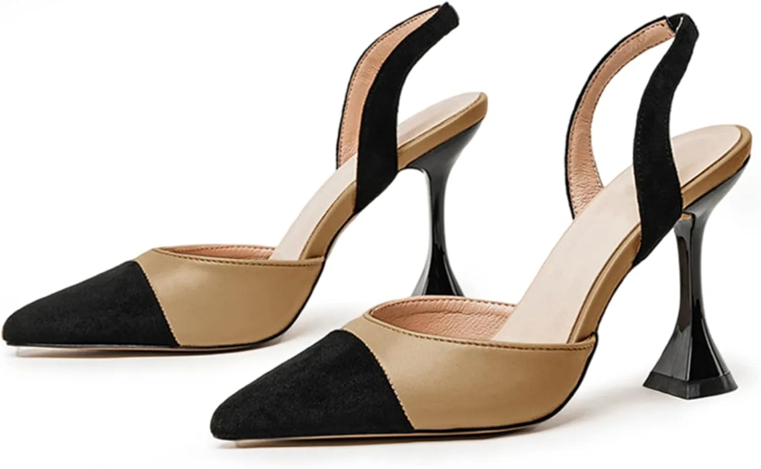 Coutgo Women's Slingback Pumps Pointed Toe Slip On Stiletto Heels Patchwork Dress Party Shoes