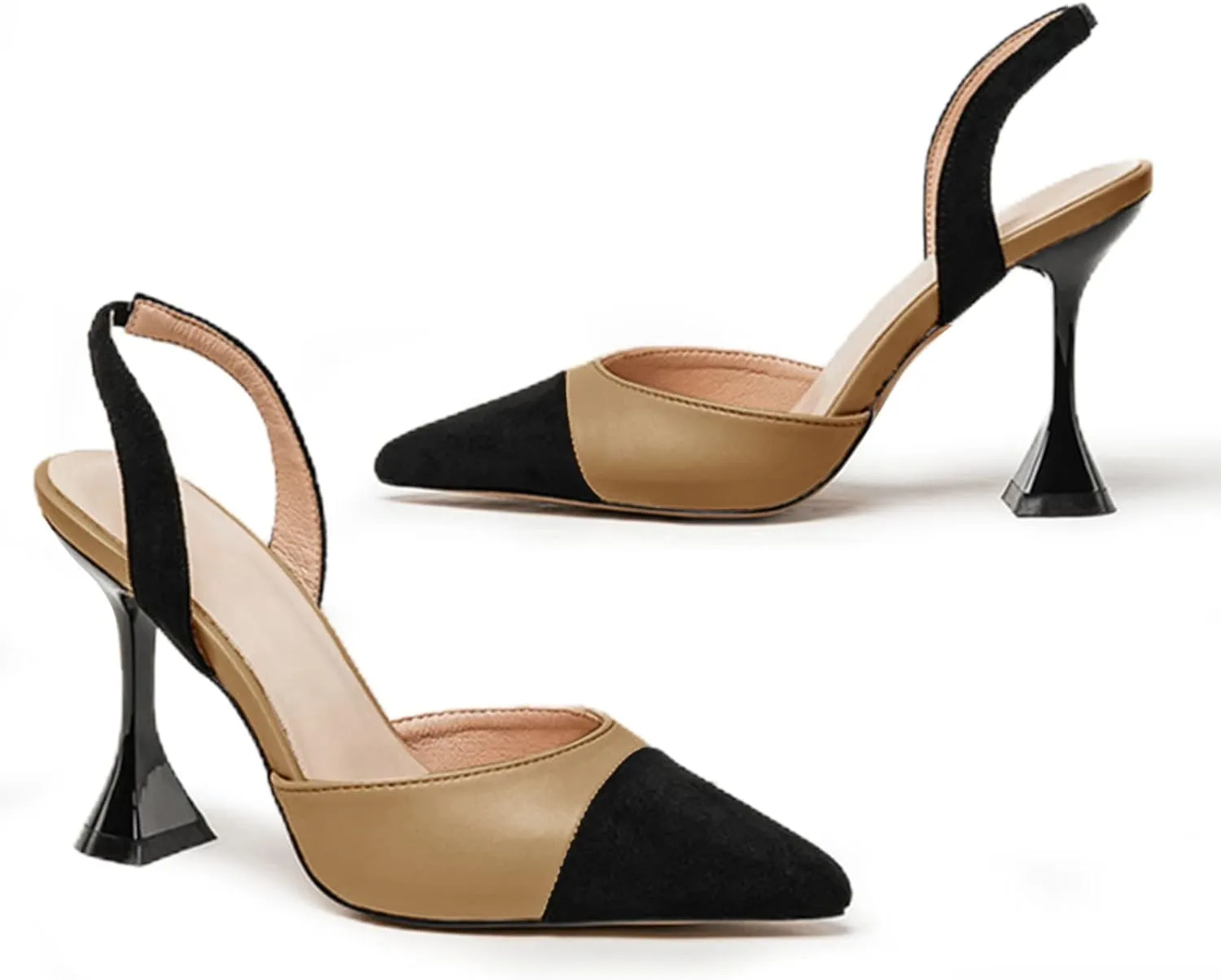 Coutgo Women's Slingback Pumps Pointed Toe Slip On Stiletto Heels Patchwork Dress Party Shoes