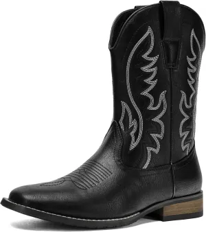 Cowboy Boots For Men Western Fashionable Retro Stylish Embroidered Square Toe Boots Chunky Heel