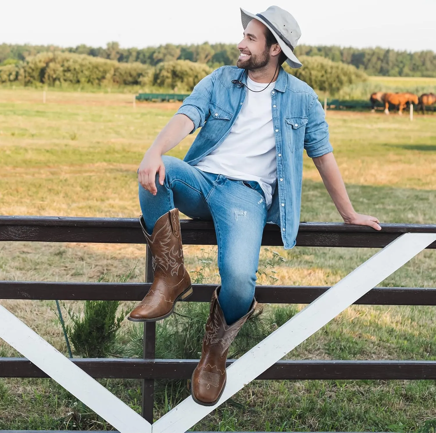 Cowboy Boots for Men Western Square Toe Embroidered Cowboy Boots for Adult Halloween Costume Cosplay