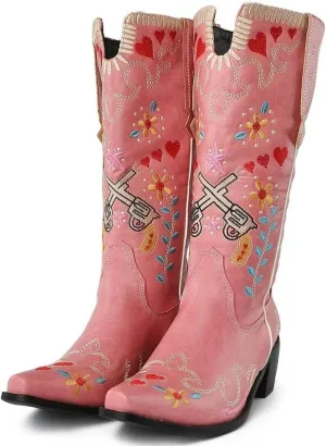 Cowboy Boots For Women, Cute Bluebonnet Floral Embroidered Fashion Country Boots Pointed Toe Chunky Heel Wide Calf Fancy Comfortable Pu Leather, Cowgirl Boots