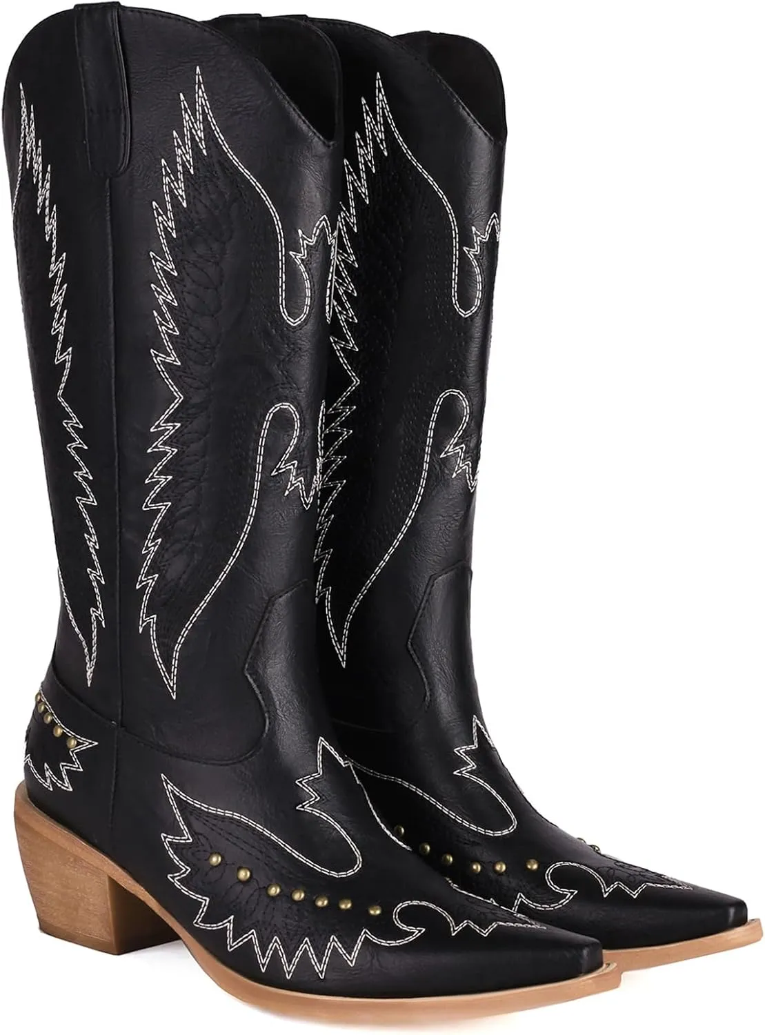 Cozivwaiy Women Denim Cowboy Boots Patchwork Knee High Boots Colorblock Western Cowgirl Mid Calf Jeans Shoes Pointed Toe Chunky Heel Pull On