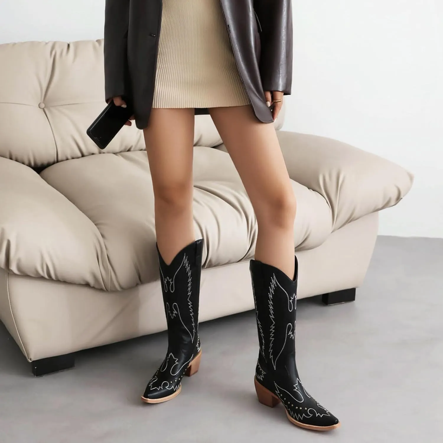 Cozivwaiy Women Denim Cowboy Boots Patchwork Knee High Boots Colorblock Western Cowgirl Mid Calf Jeans Shoes Pointed Toe Chunky Heel Pull On